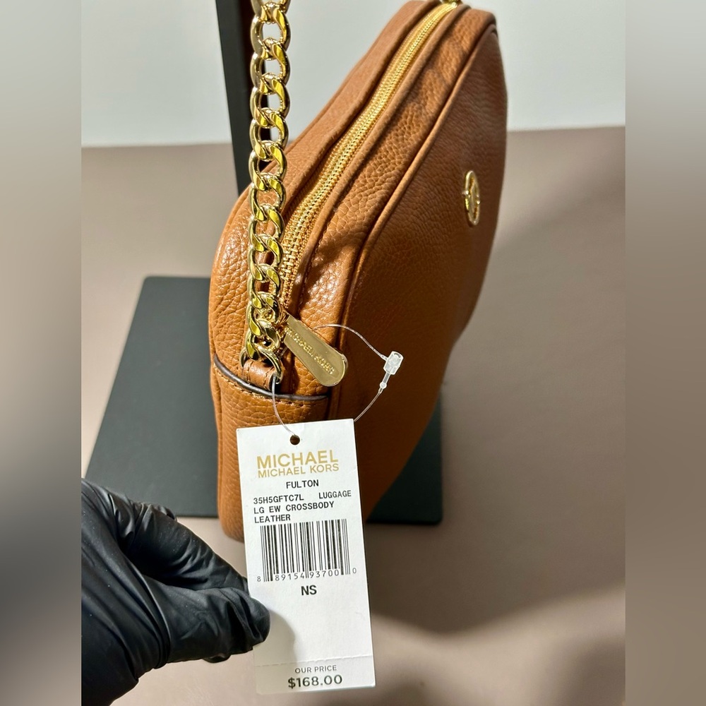 NEW MICHAEL Michael Kors Fulton Brown Crossbody Pebble Leather Chain Bag - Picture 4 of 10